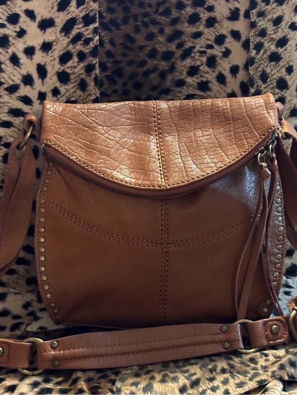 The Sak Silverlake Flap Cowhide Leather Crossbody with Stud Trim color Tobacco
